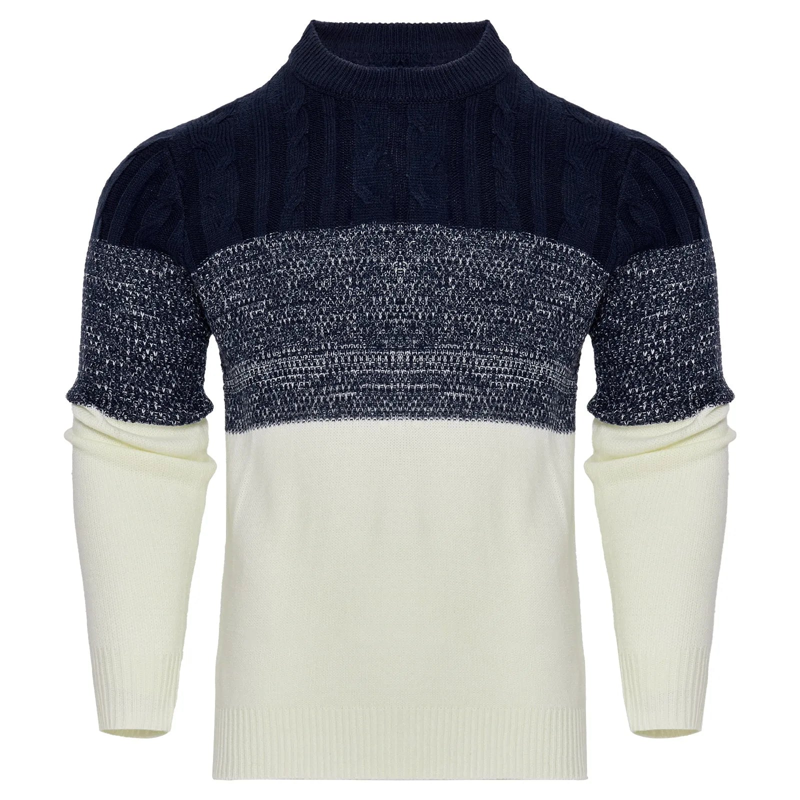 Men's grey knitted sweater with long sleeves, crew neck, and ribbed hem cuffs laid flat
