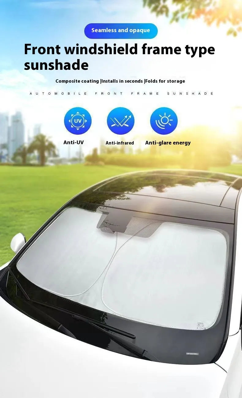 Titanium silver aluminium foil car sunshade for windshield heat and UV protection.
