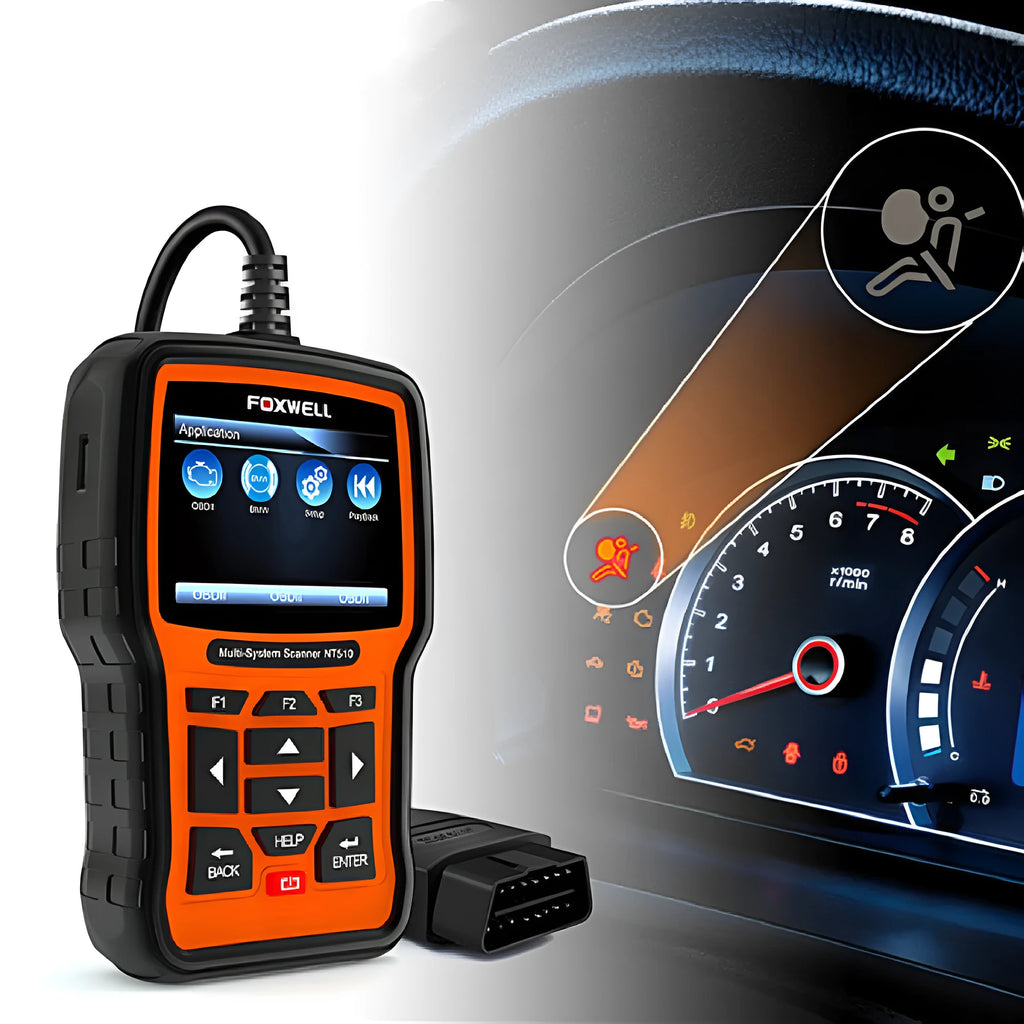 Orange and black Foxwell NT510 automotive OBD2 diagnostic scanner with colour screen