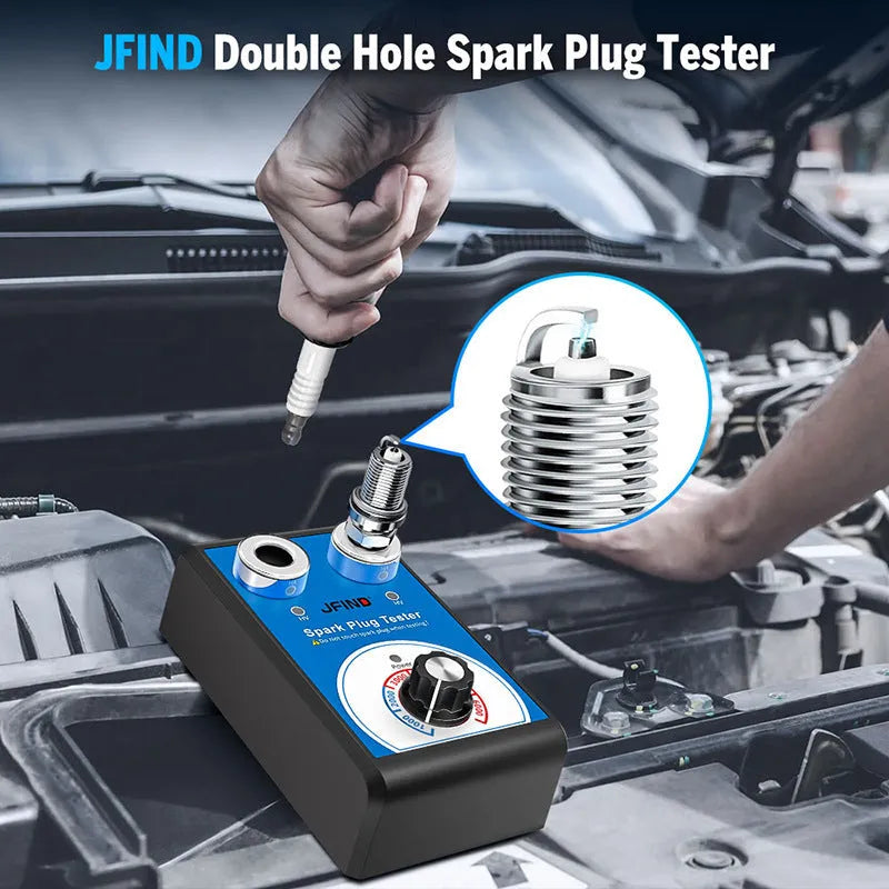 Car engine spark plug tester diagnostic tool showing dual-hole plug connectors.