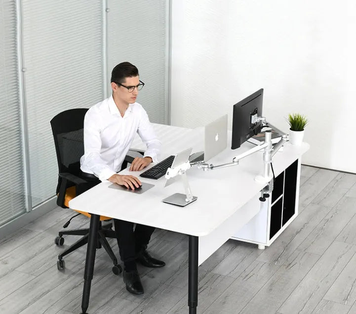 Black folding aluminium desktop stand holding a tablet at an angle, showing 360° rotation and silicone grips.