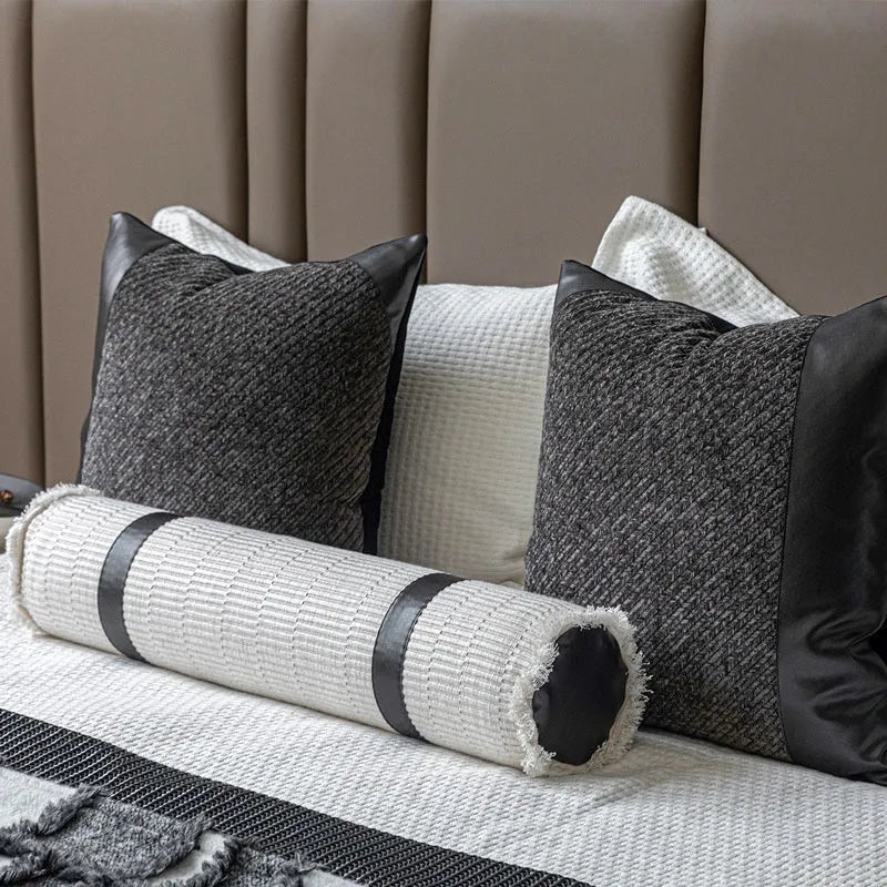 Modern minimalist grey and white plaid polyester bed runner set with pillow on a bed
