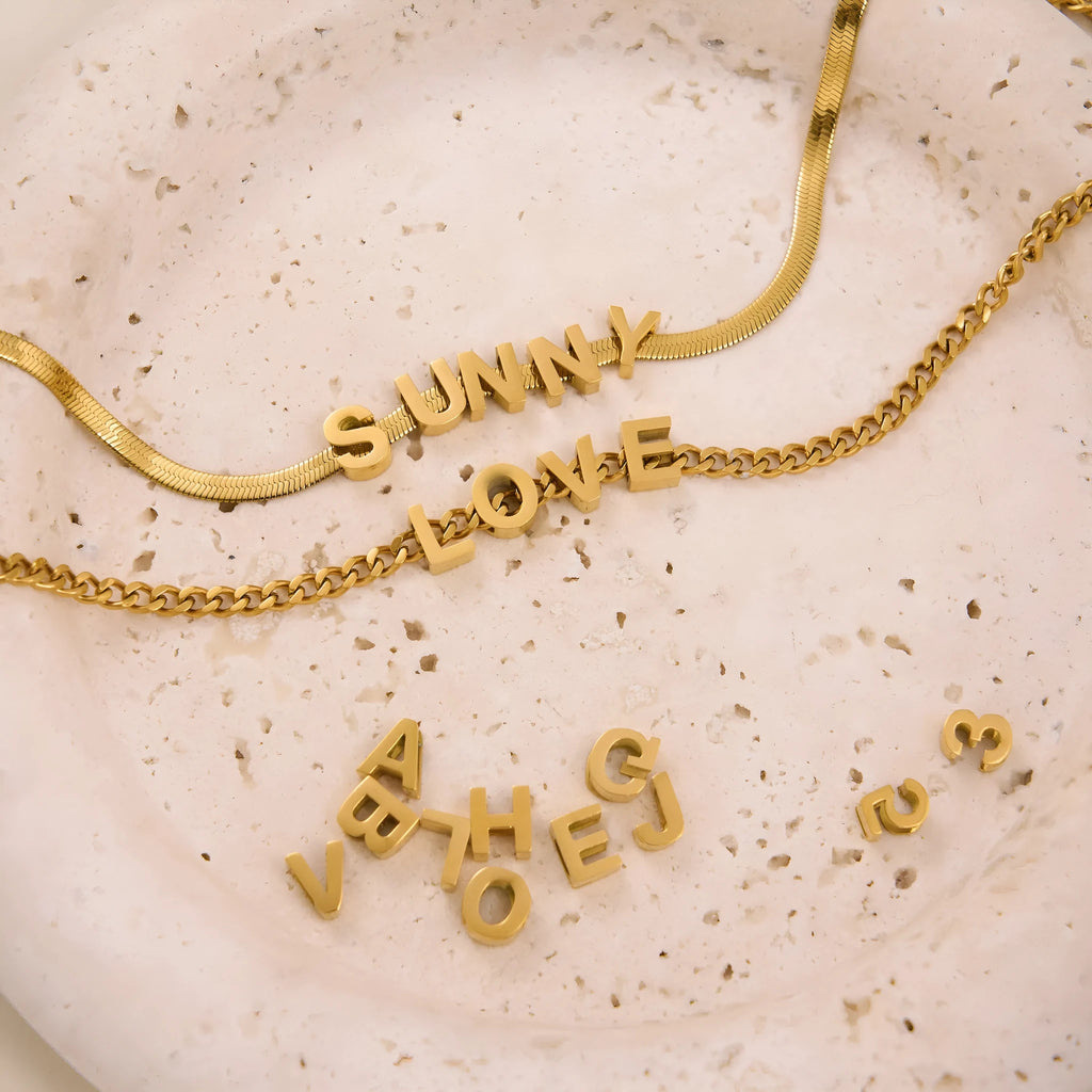 Titanium steel personalised necklace with letter pendant on 40.5cm chain in gold electroplated finish
