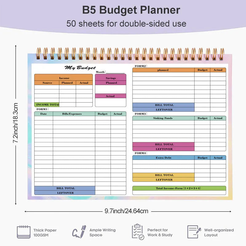 B5 size spiral bound budget tally book with a PP cover, open on a table.