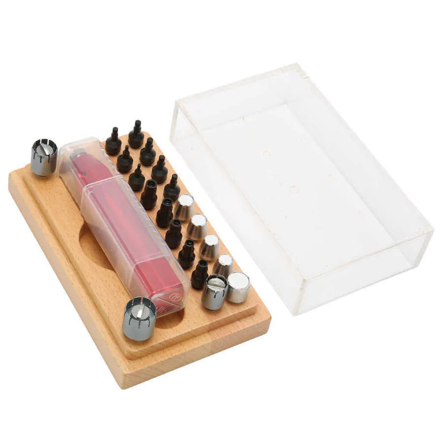 20-piece steel watch repair tool set with barrel opening tools in storage case