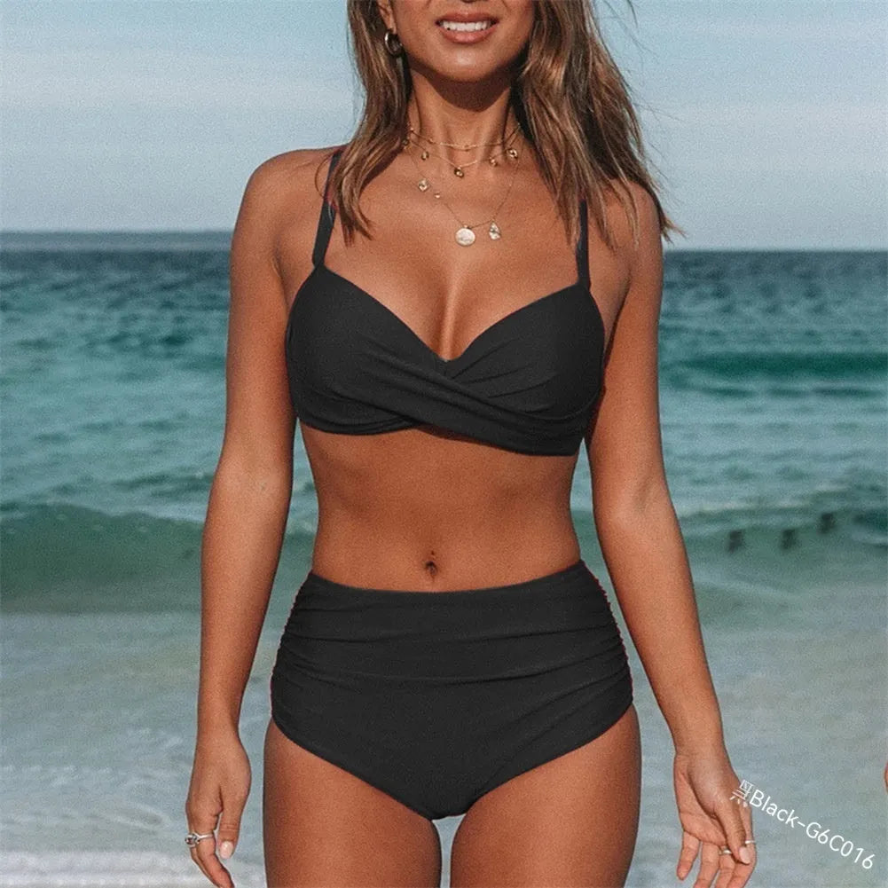 Women's cross strap solid colour bikini swimsuit showing front and back views