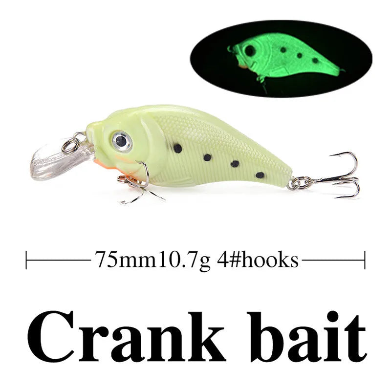 Five 3D fluorescent hard fishing lures with luminous design in multi-colour set
