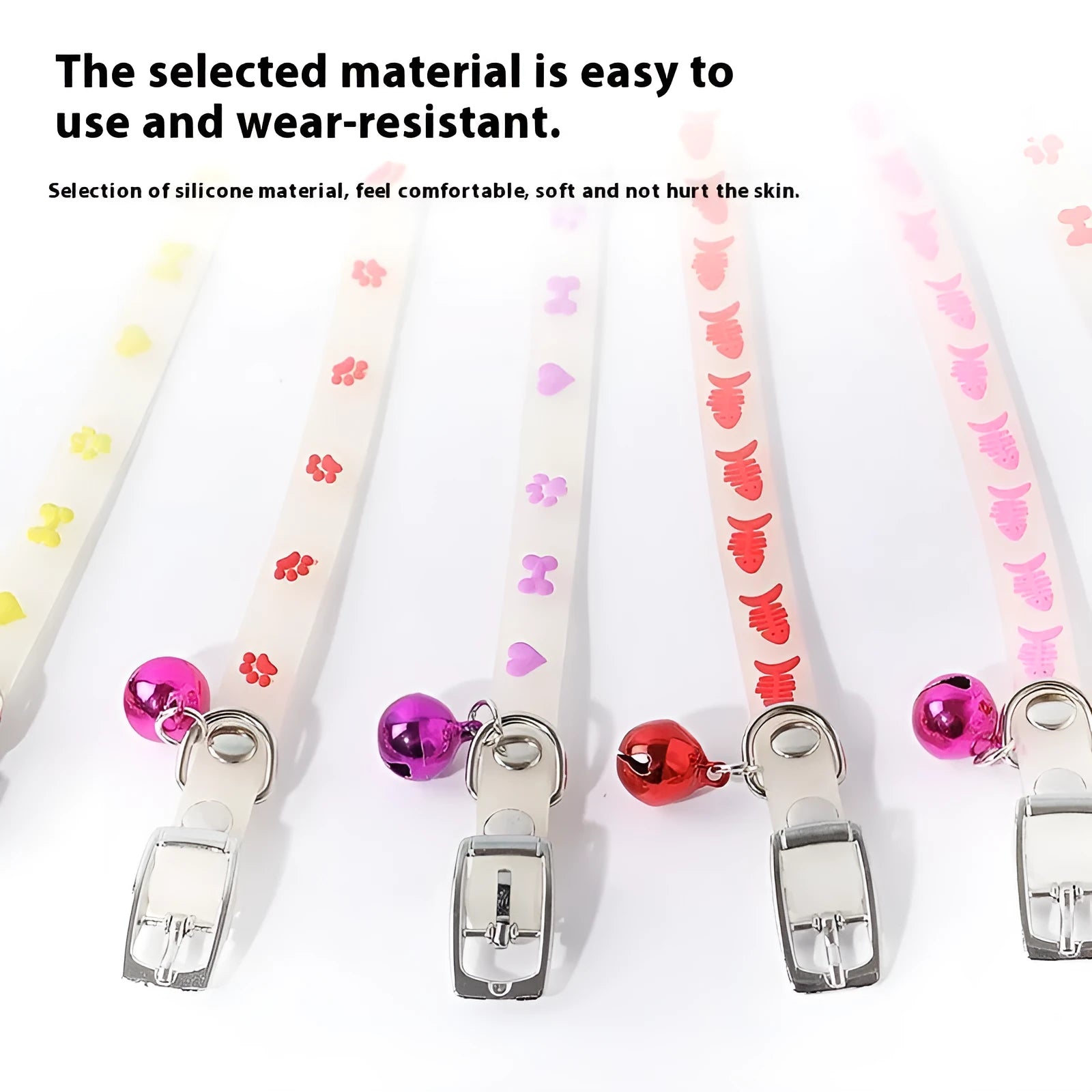 Luminous adjustable cat collar with a metal bell in a paw print pattern on a silicone rope.