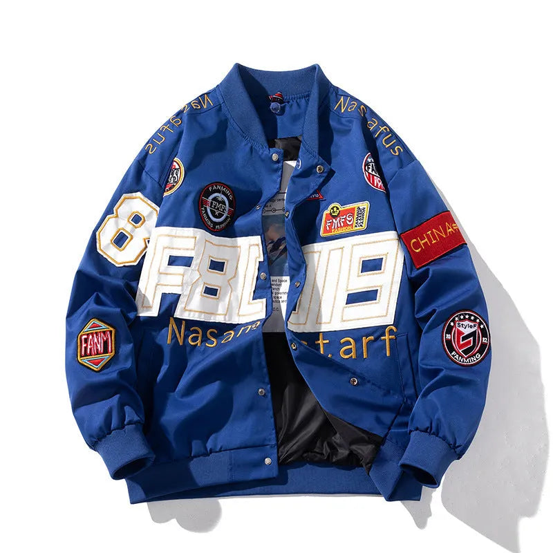 American motorcycle couple baseball jacket with cotton padding and side pockets in black colour