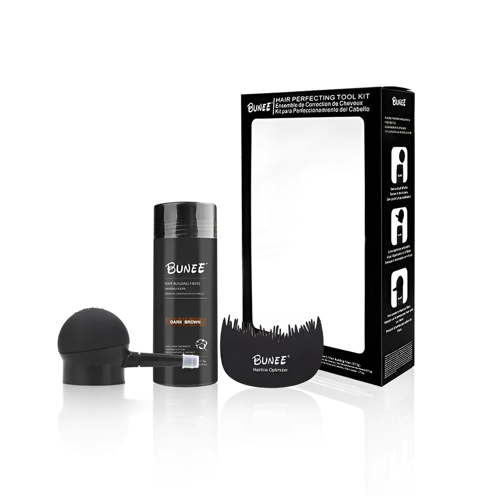 Boxed dense hair fibre powder three-piece set for thinning hair in multiple colours.