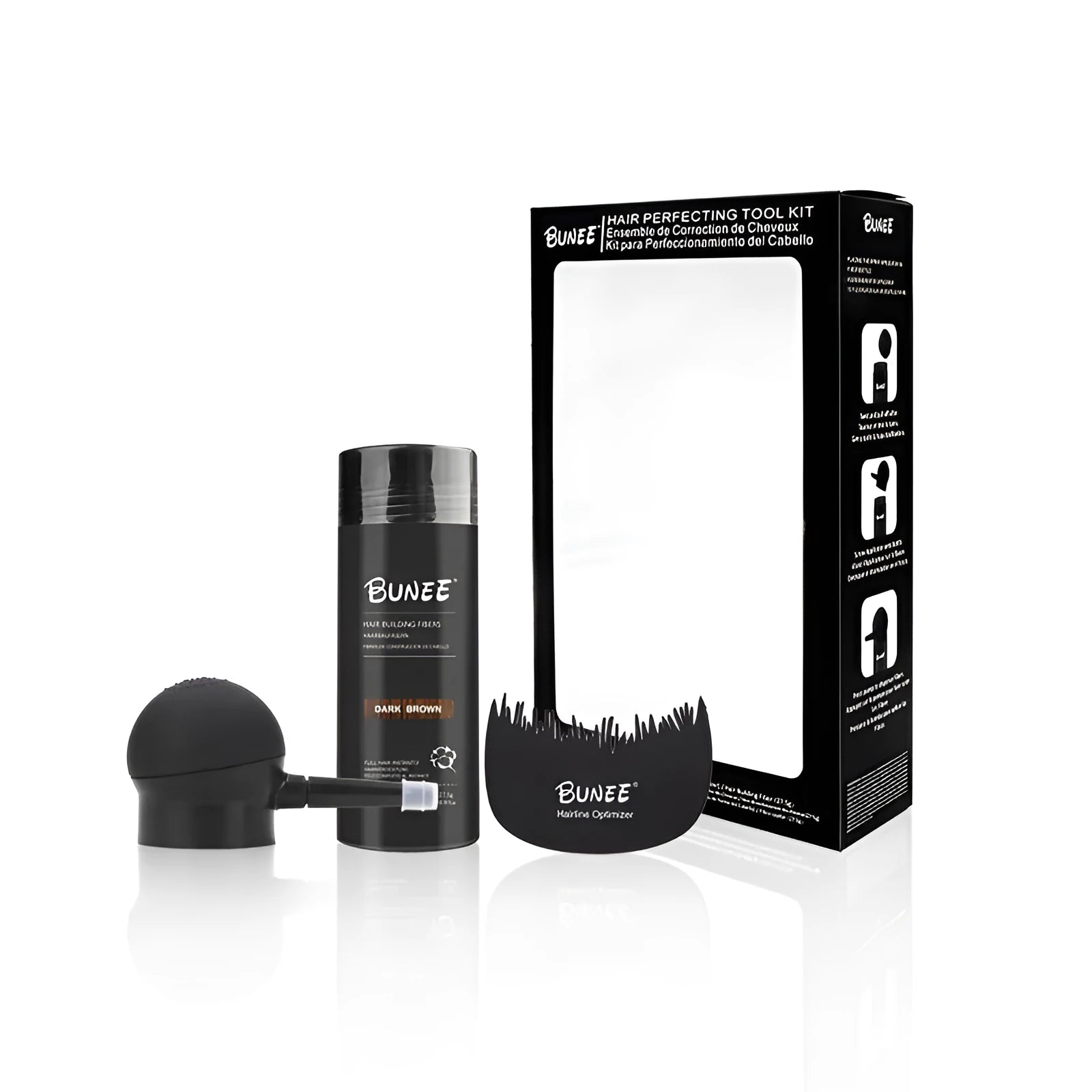 Boxed dense hair fibre powder three-piece set for thinning hair in multiple colours.