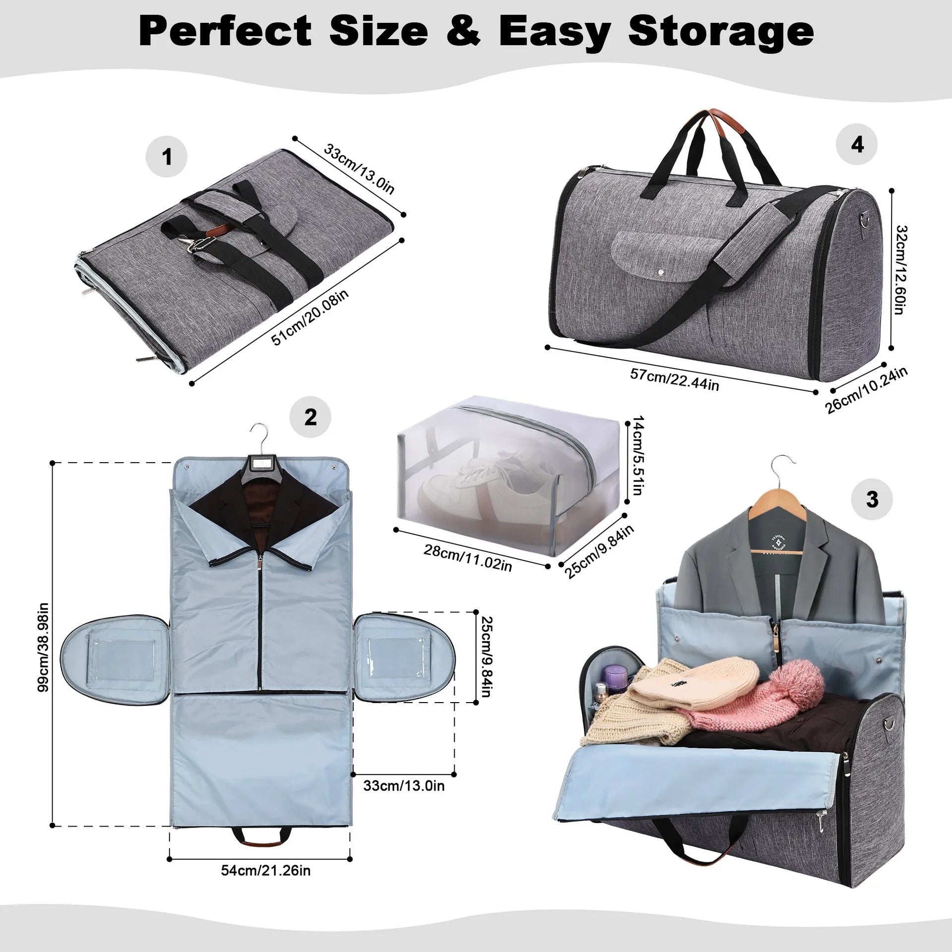 Dark blue folding duffel bag with handles, suitable for travel and gym use.