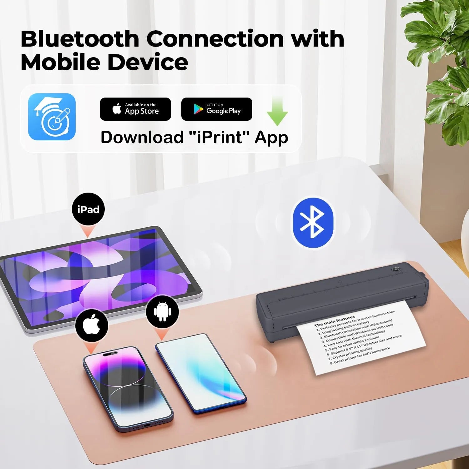 Black or white portable A4 Bluetooth printer measuring 28×7×5 cm for wireless mobile phone and computer printing