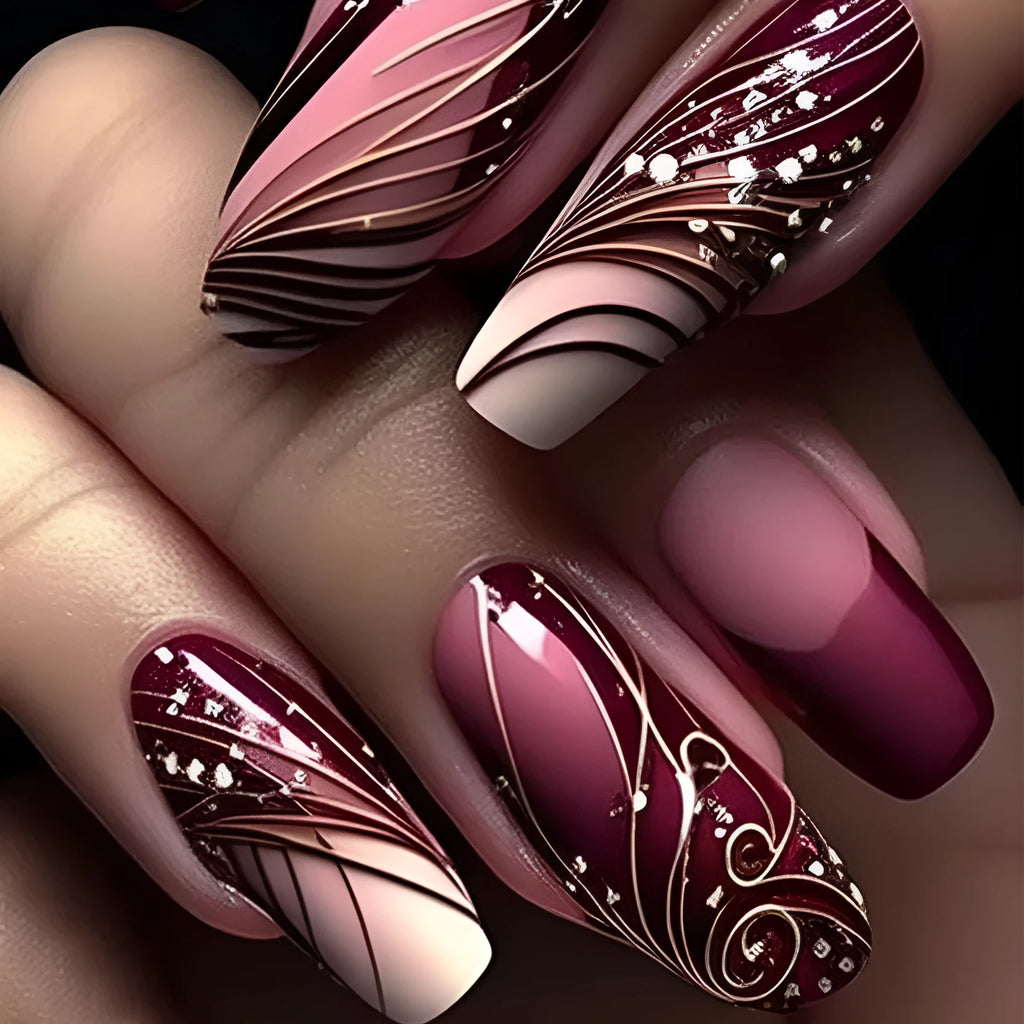 24 false nails with French line pattern and adhesive glue tube