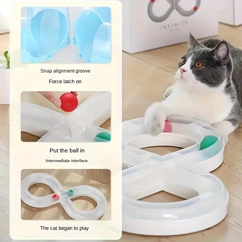 Blue and white cat turntable track ball toy with built-in teaser stick measuring 50 cm
