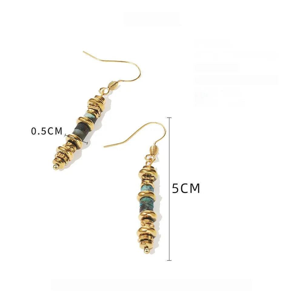 Gold geometric titanium steel dangle earrings with a retro design for women.
