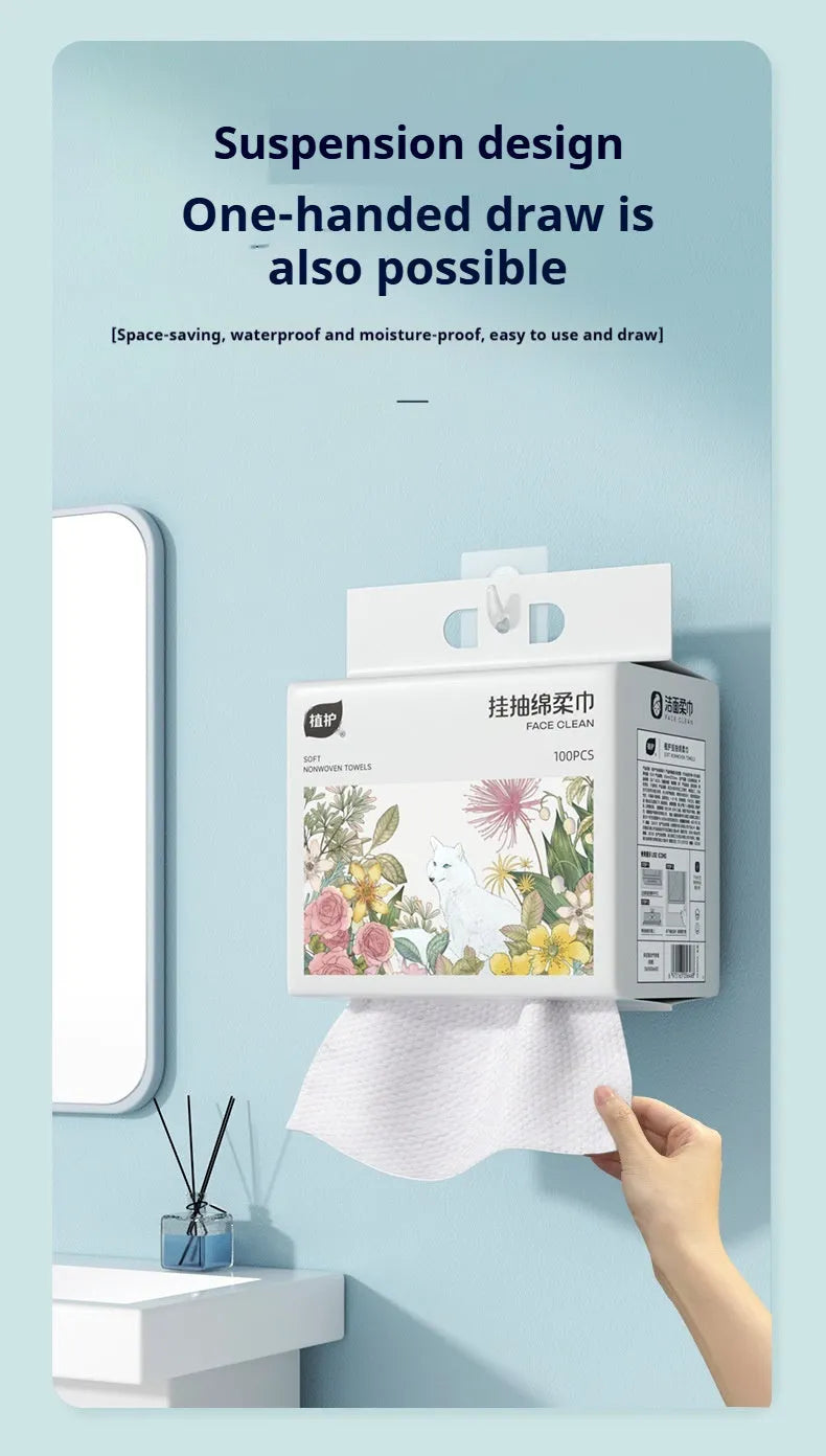 Disposable face cloth towel roll with removable hanging system, 100 sheets per pack
