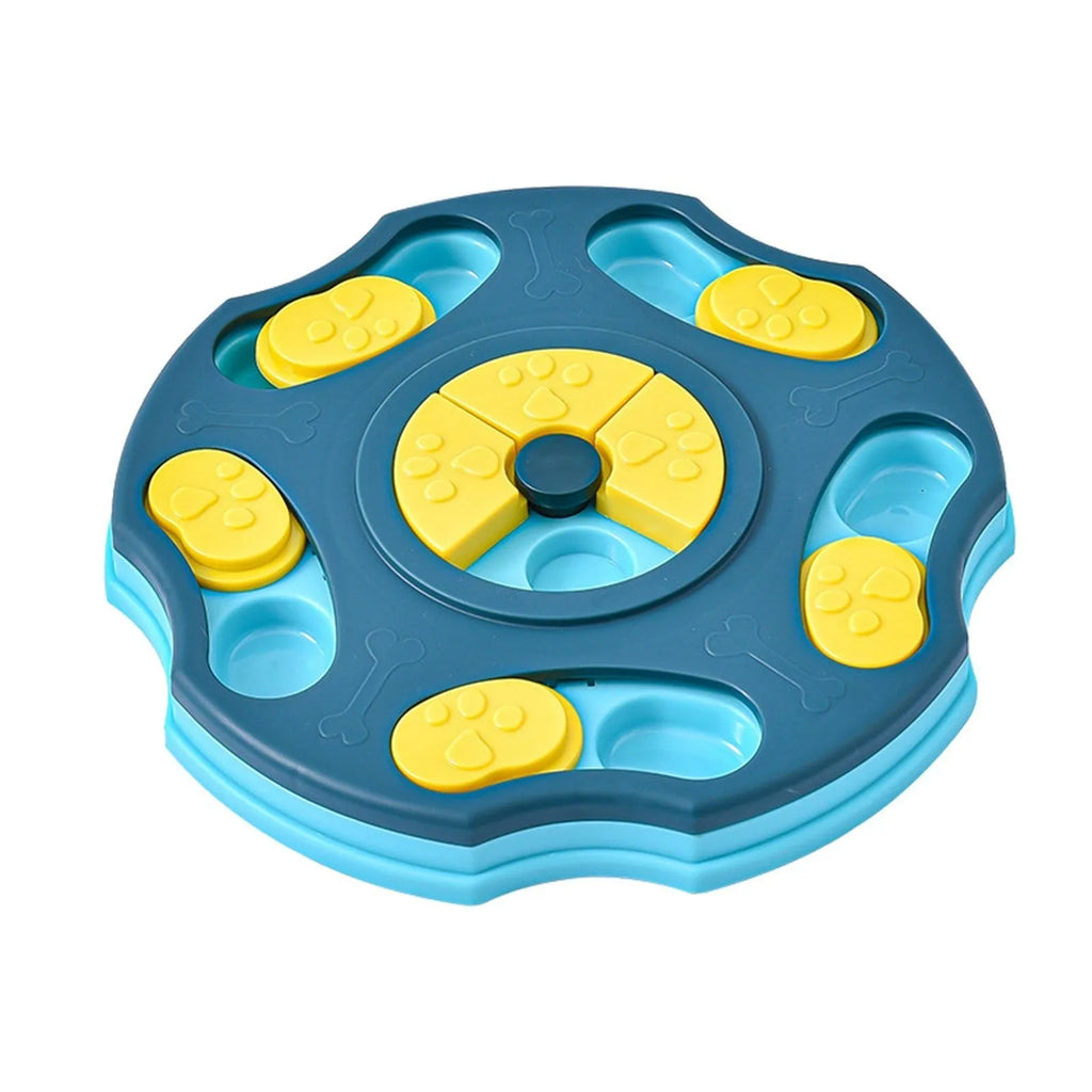 Blue dog puzzle toy food feeder bowl with interactive game elements for aggressive chewers