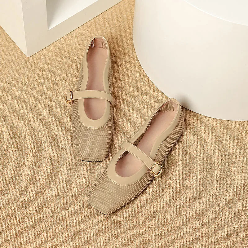 Women's low-heel summer pump in mesh with buckle fastening and square toe, shown in a neutral colour.