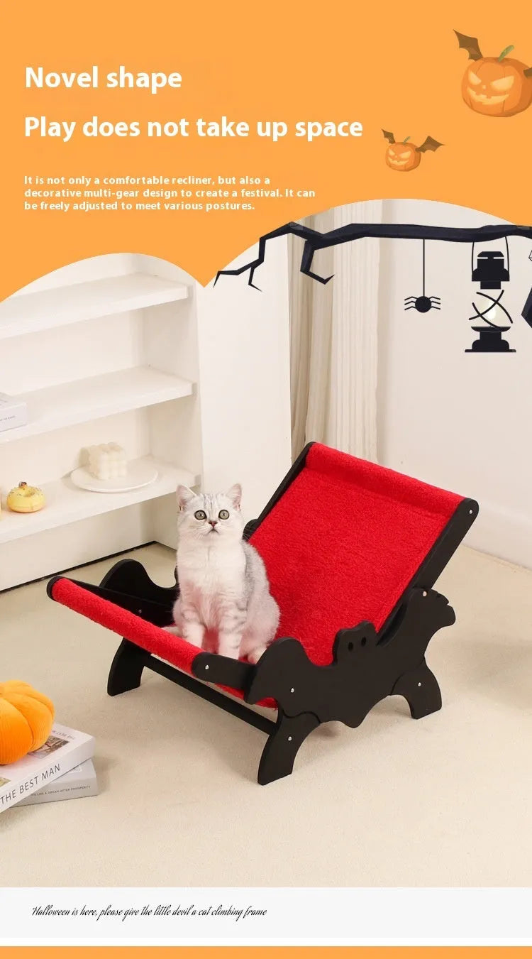 Wooden cat recliner lounge chair with black and red Halloween colour scheme