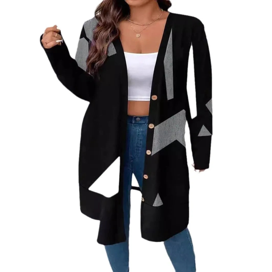 Black plus size knitwear coat with button stitching detail and regular sleeves