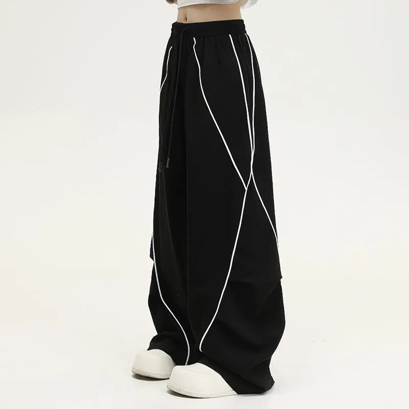 Black pleated wide-leg hip hop trousers with striped pattern and loose fit