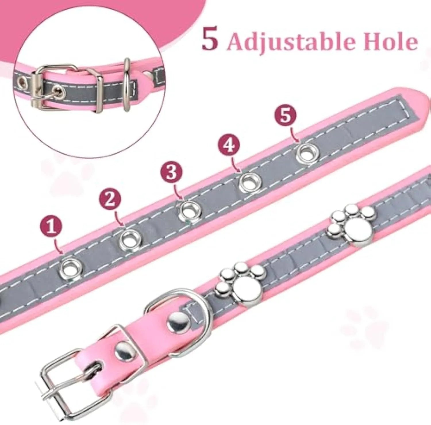 Reflective brown leather dog collar with metal buckle and decorative paw-shaped rivet, shown on a size chart.