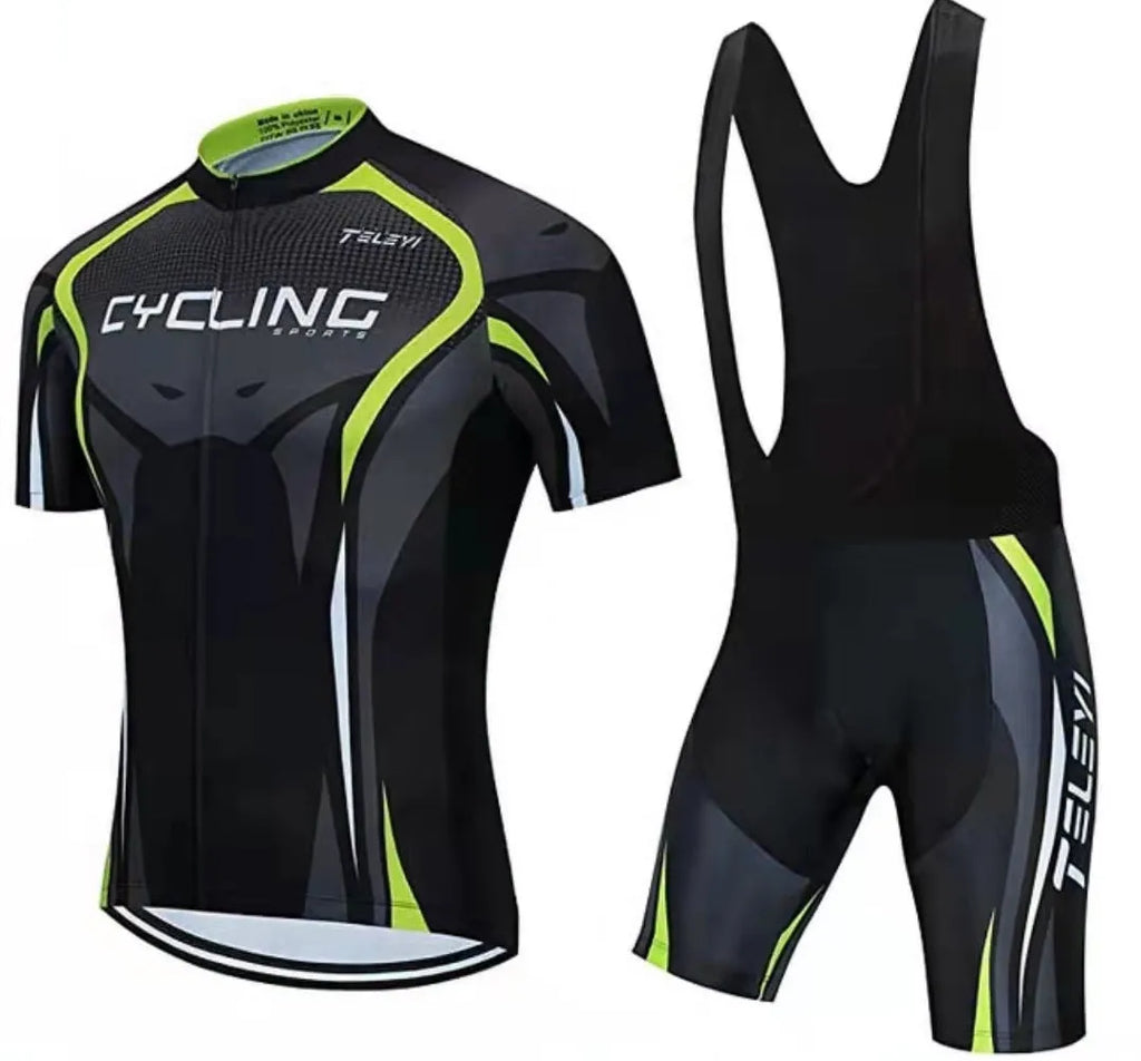 Summer cycling jersey and pants set in a colour style, laid flat showing front design.