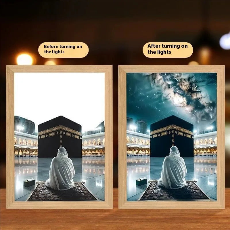 Handmade engineered wood LED frame displaying religious cross light drawing with USB cable