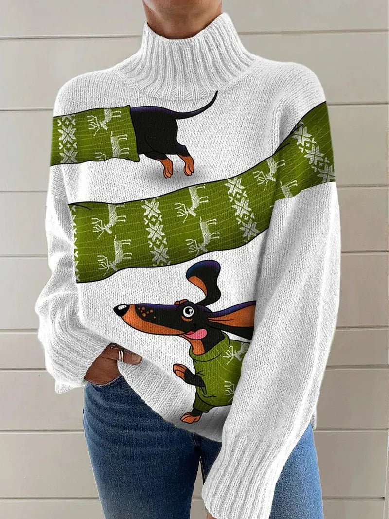 Women's loose-fit Christmas printed turtleneck sweater in a macaron colour on a hanger
