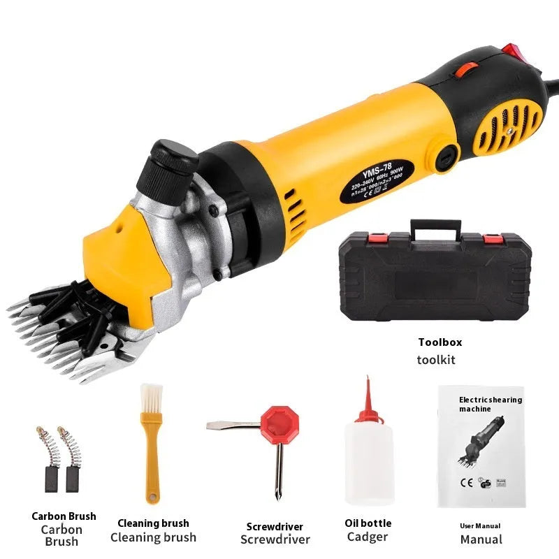 Yellow 110V electric wool shears with 13-tooth straight blade and maintenance accessories including multiple blade pairs