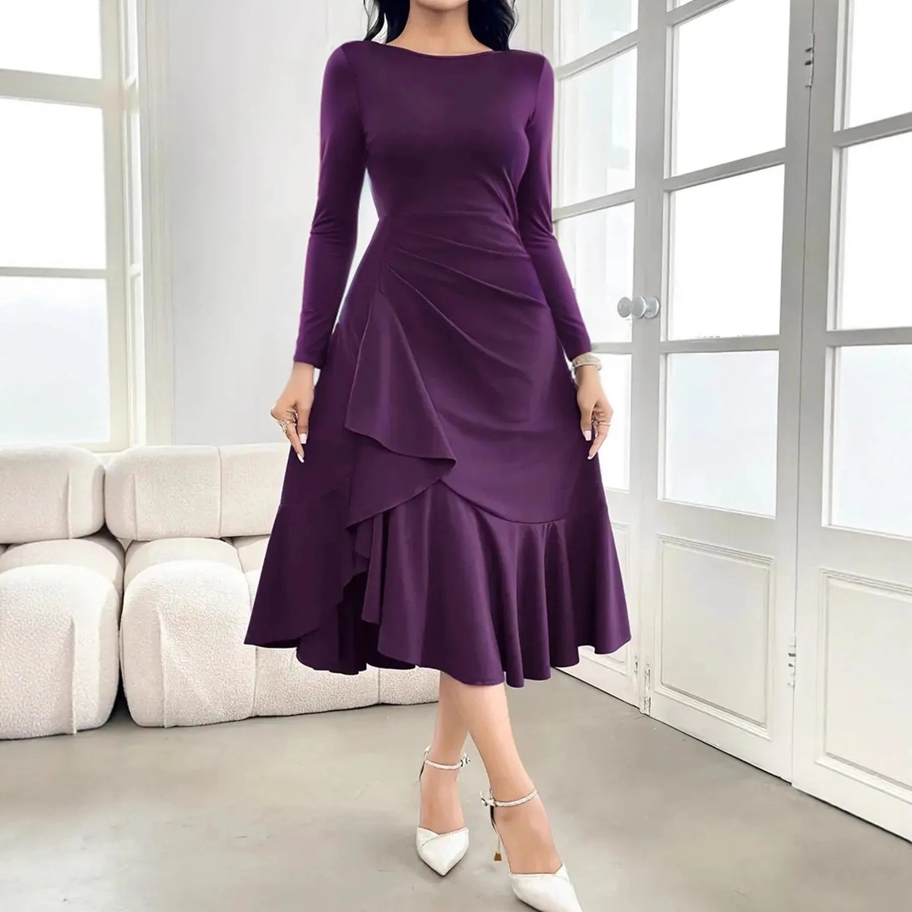 Purple women's long sleeve dress with round neck, mid waist, and ruffle details.