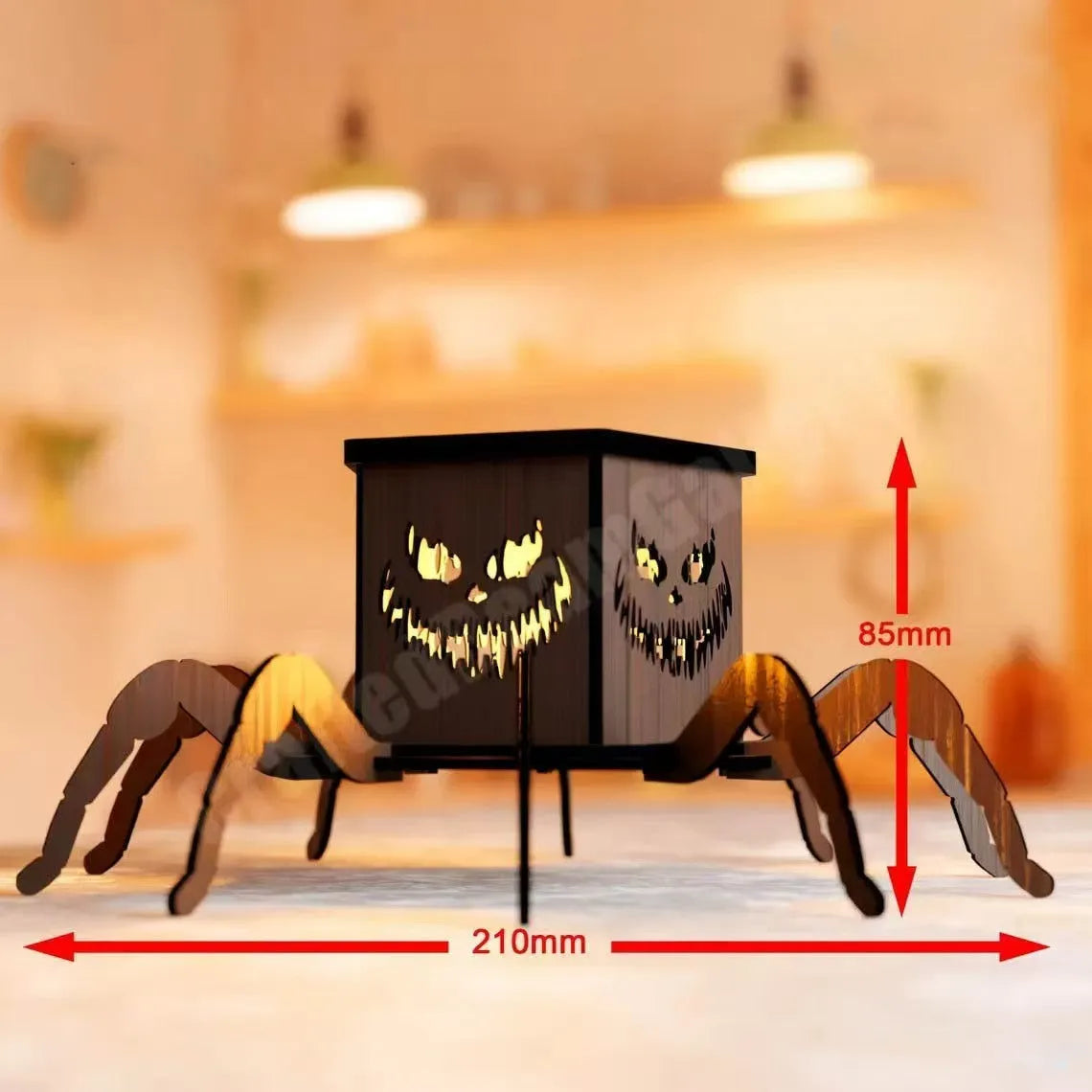Wooden Halloween spider mini lantern candlestick decoration measuring 21cm by 8.5cm