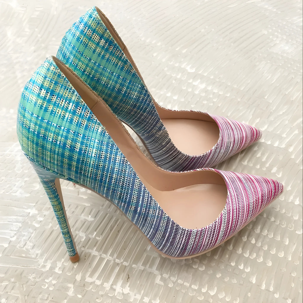 Women's gradient pink and blue patent leather pointed toe high heels with rubber sole