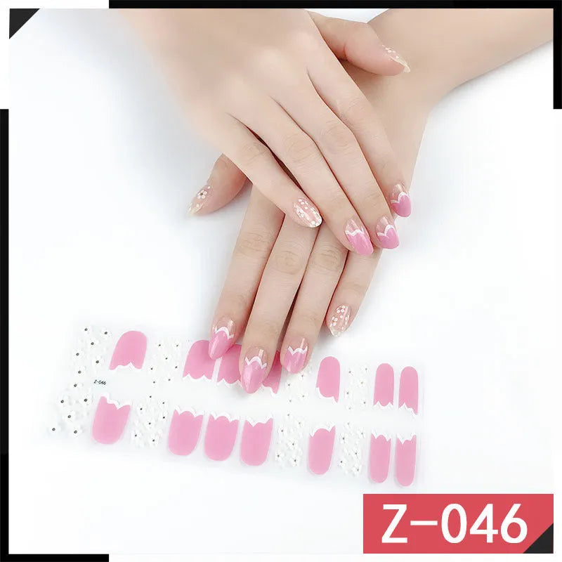 Korean nail stickers pack showing cartoon, strawberry and floral designs with included nail file