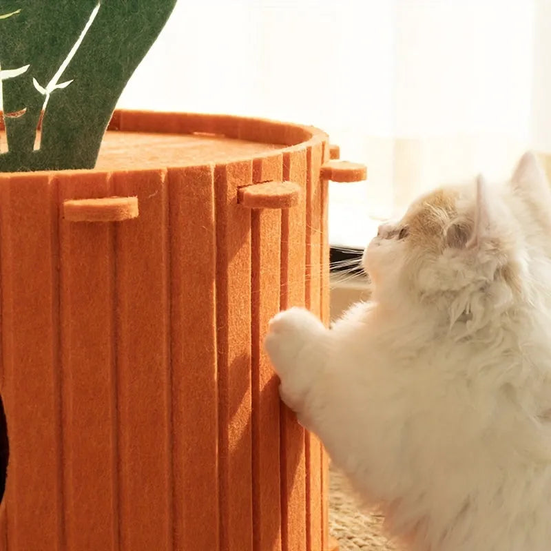 Carrot-shaped grey felt cat nest tunnel for cats, showing semi-enclosed design and drilled holes.