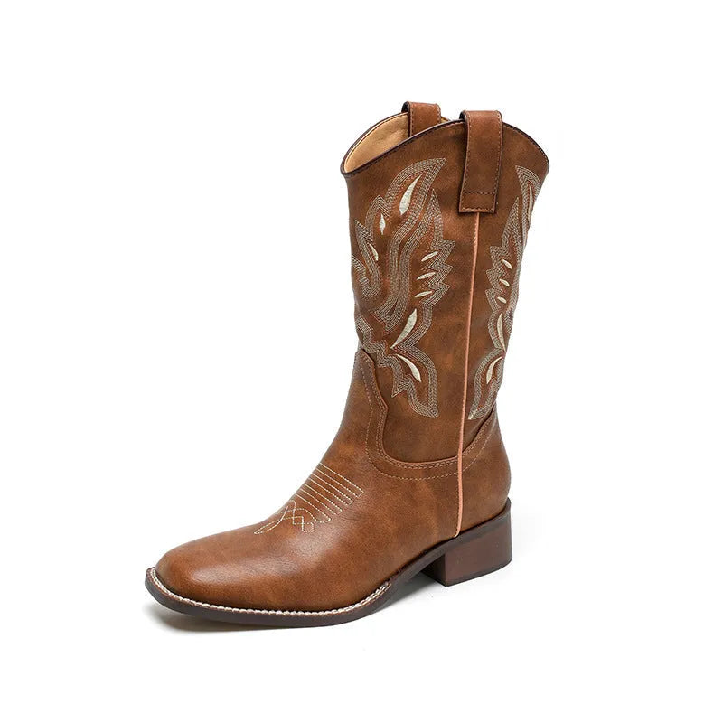 Brown embroidered women's mid-calf Martin boots with a waterproof platform and leather lining.