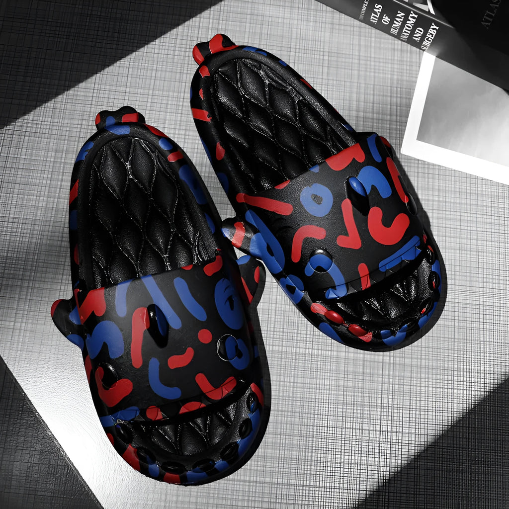 Shark design open-toe EVA home slippers in beige colour on a white background.