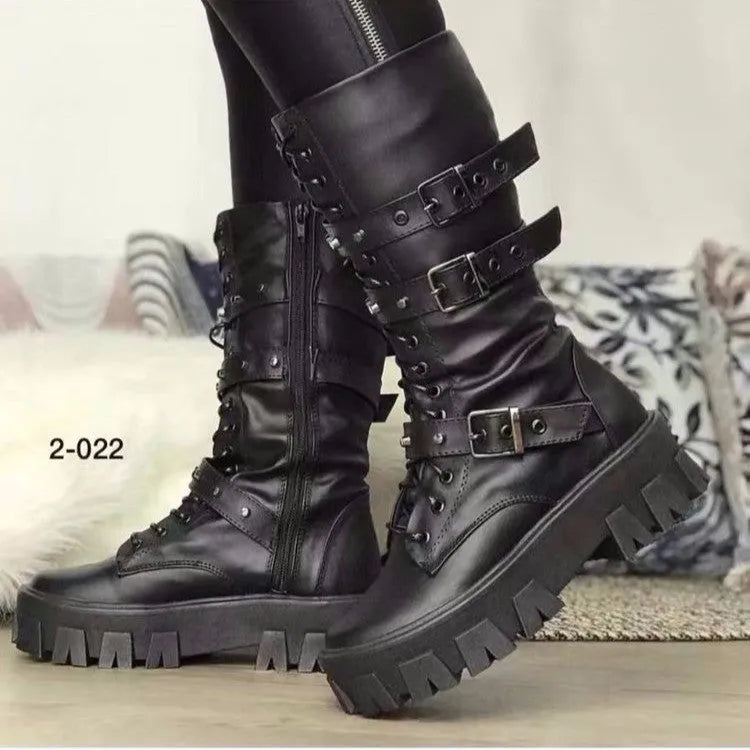 Women's black mid-calf buckle boots with side zipper and round toe