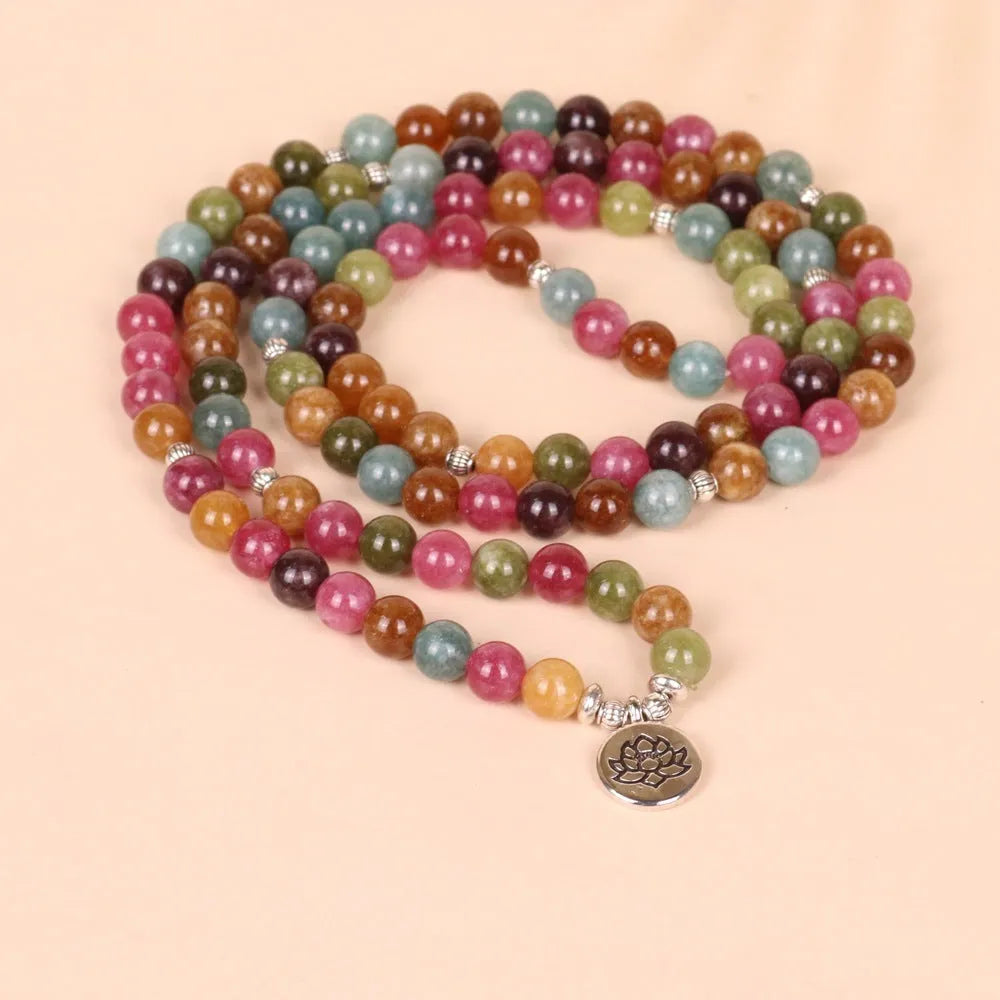 Multi-layer beaded bracelet with 108 tourmaline stones in string lotus hanging pattern on alloy framework