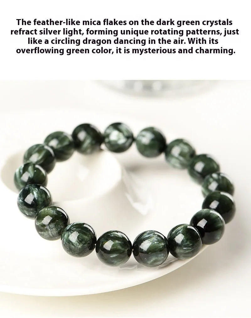 Natural green dragon crystal bracelet with 8-9mm round beads and geometric ruyi design.