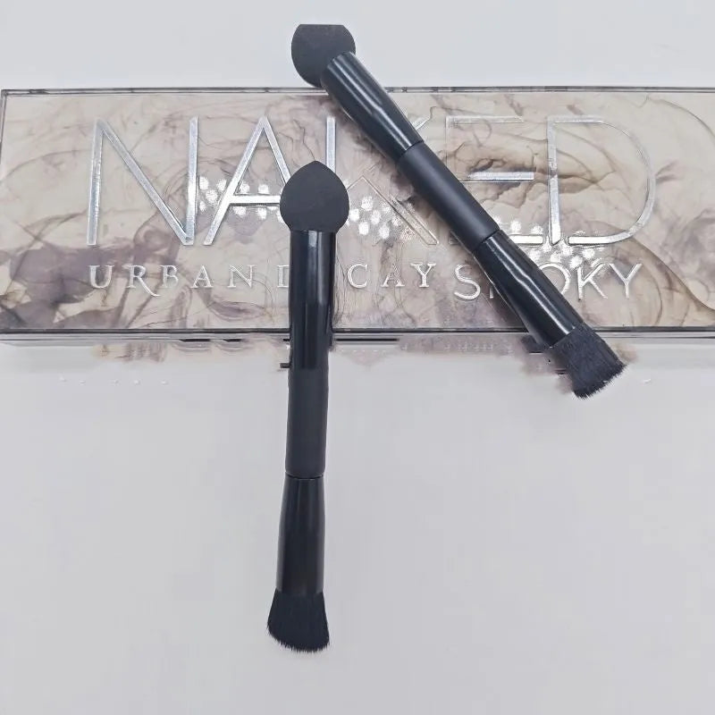 Black wooden-handle concealer brush with triangle sponge tip for dark circles