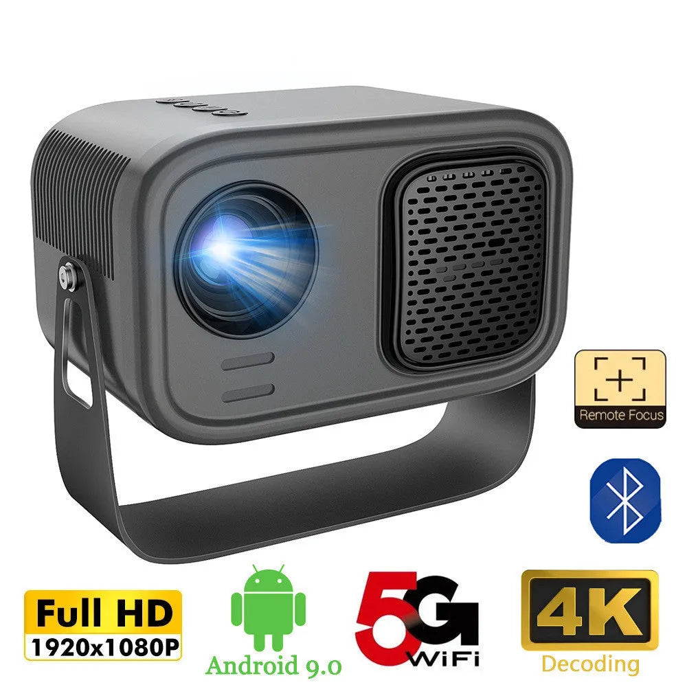 Black portable smart projector with remote control showing HD 1280x720 resolution and Android compatibility