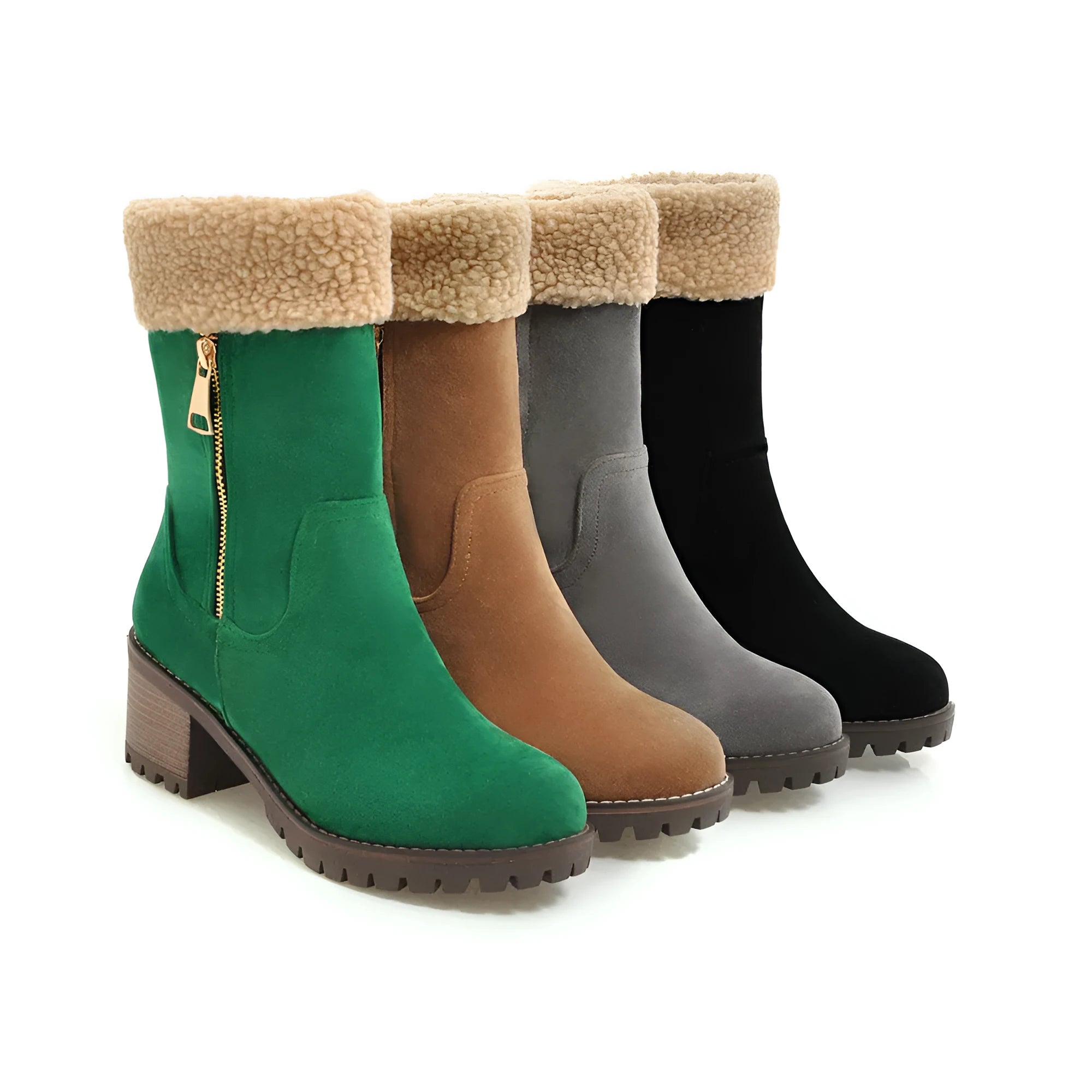 Waterproof snow boots with rubber sole and anti-slip grip in black, grey, green, orange colours