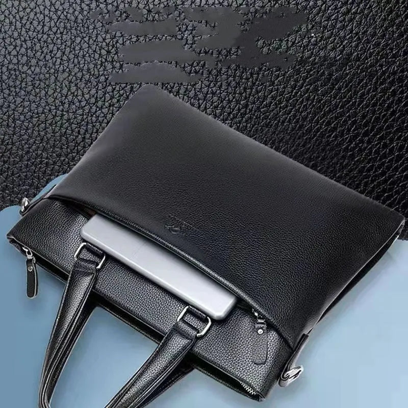 Black PU leather men's messenger bag with crossbody strap and splicing detail.