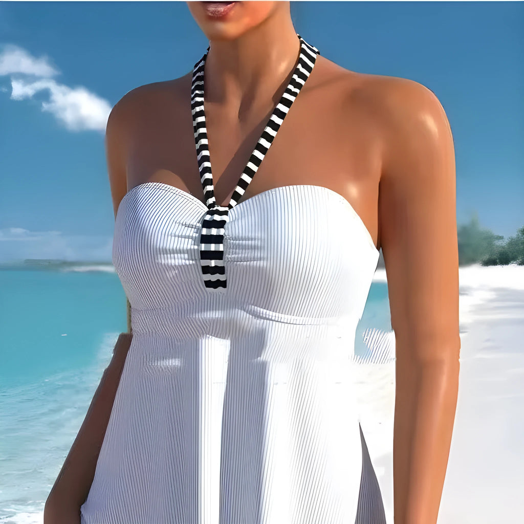 Women's off-shoulder swimsuit with solid colour and black white striped briefs