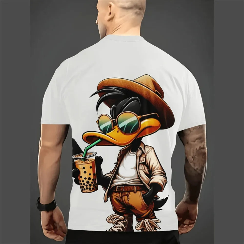 Men's loose fit grey T-shirt with a colourful 3D printed cartoon design on the front.