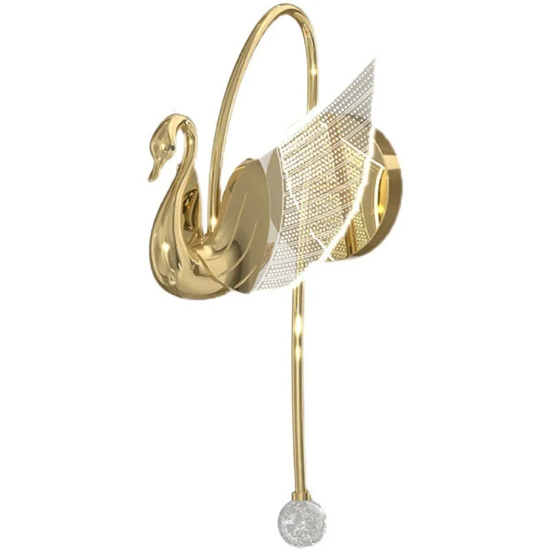 Gold minimalist swan-shaped wall lamp with acrylic shade and dimmable LED light.