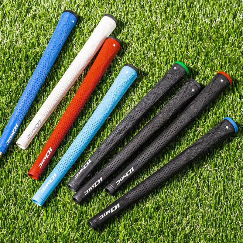 TPE material golf club grip shown in various colours including pink, blue, and black with coloured heads.
