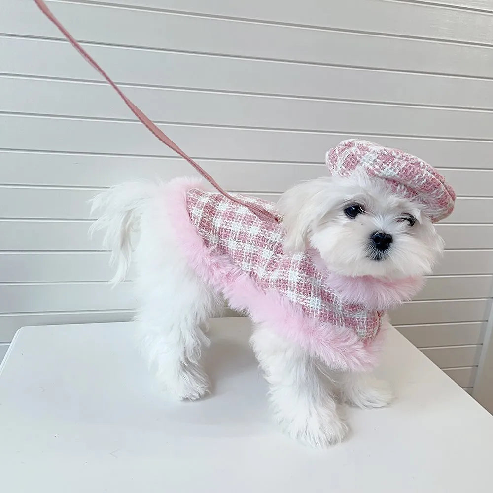 Pink polyester cat costume set with beret, cloak featuring hand holding rope, and drawstring